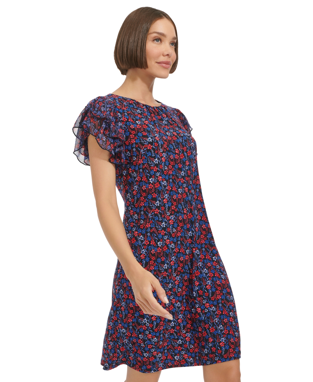 Shop Tommy Hilfiger Women's Floral-print Flutter-sleeve Shift Dress In Sk Captn,g