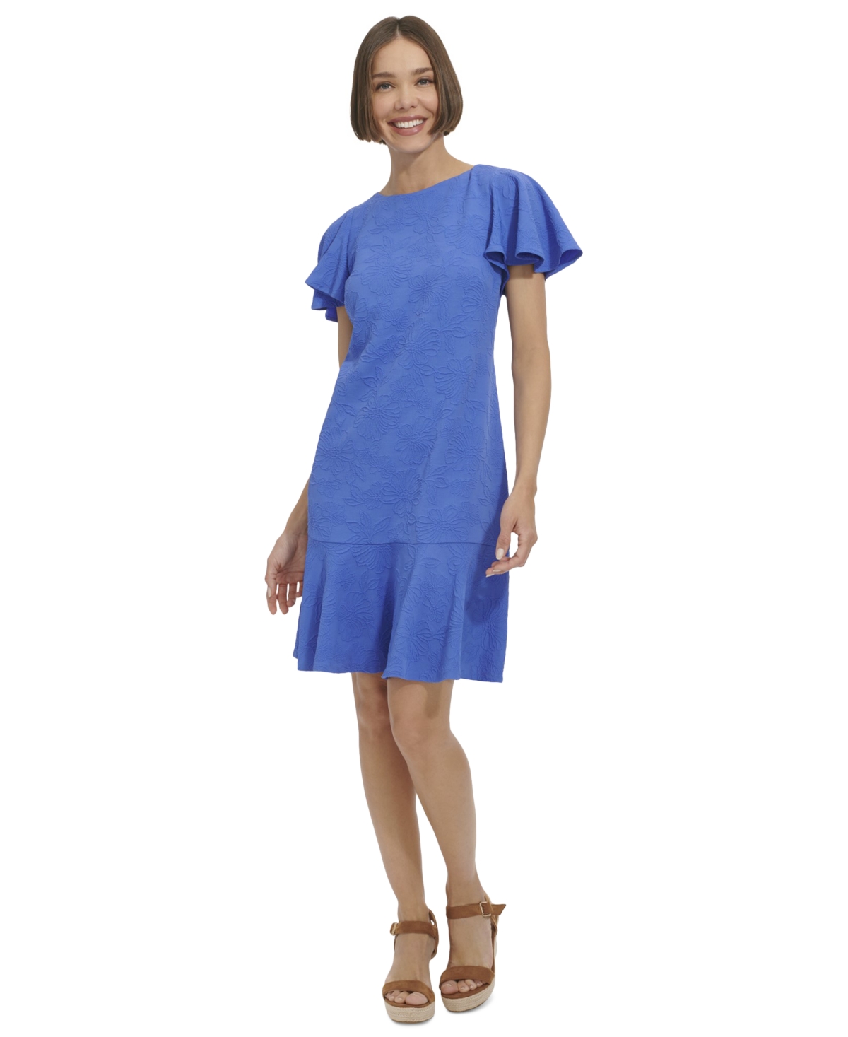 Shop Tommy Hilfiger Women's Flutter-sleeve Jacquard Shift Dress In Amparo Blu