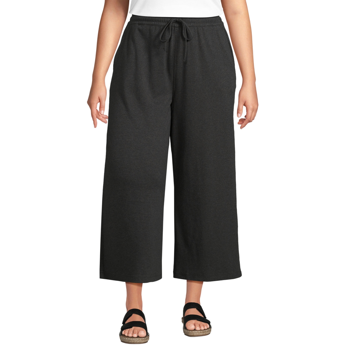 Women's Plus Size Sport Knit Elastic Waist Wide Leg Crop Pants - Dark charcoal heather