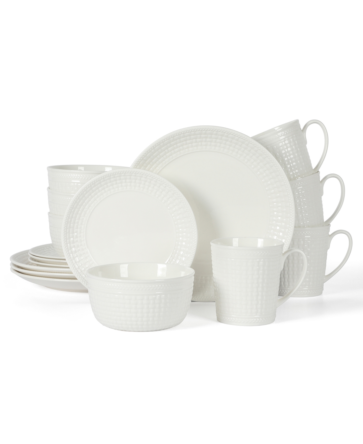 Basket Weave Embossed 16 Piece Dinnerware Set, Service for 4 - White