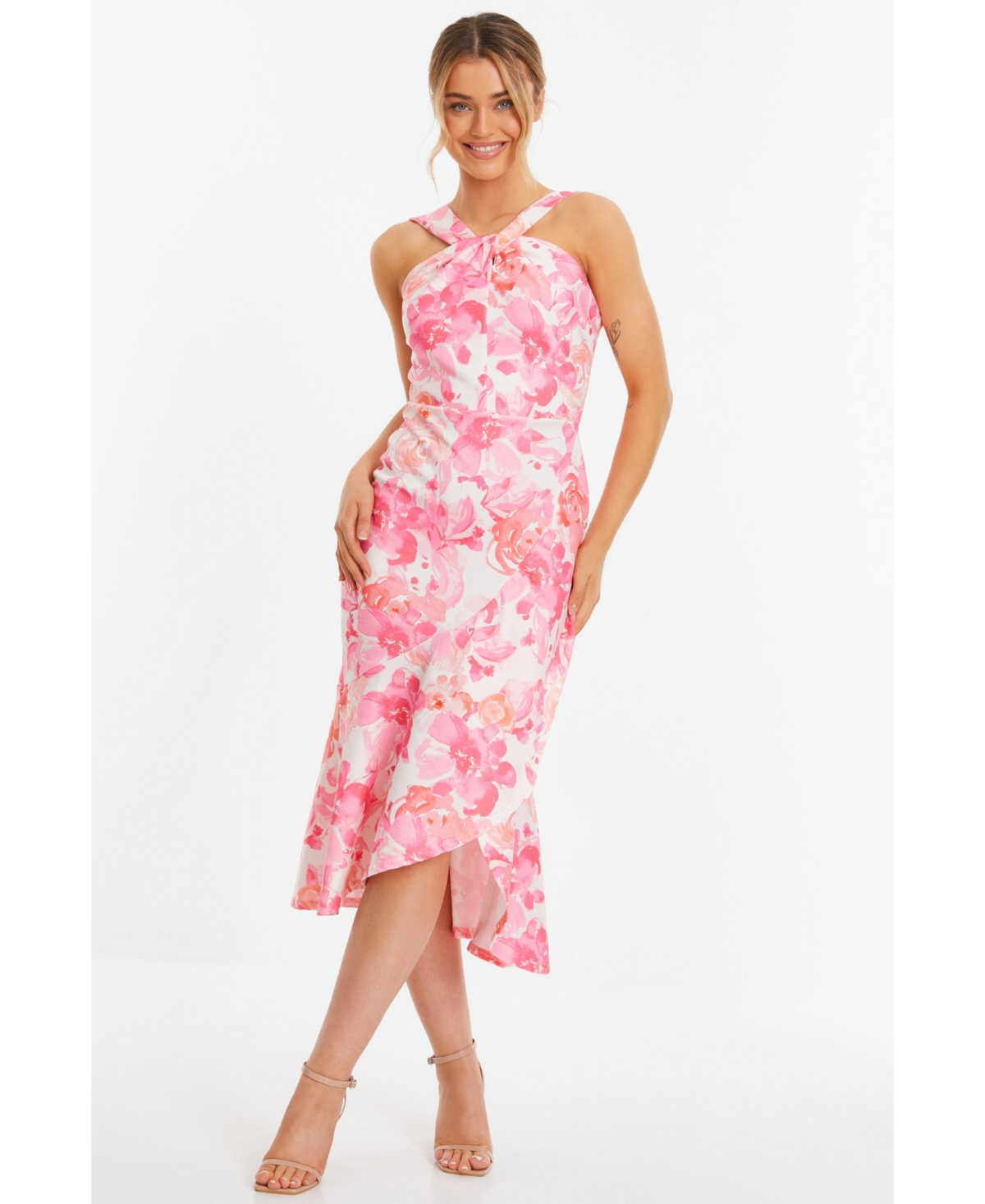 Women's Floral Halter Midi Dress - Pink