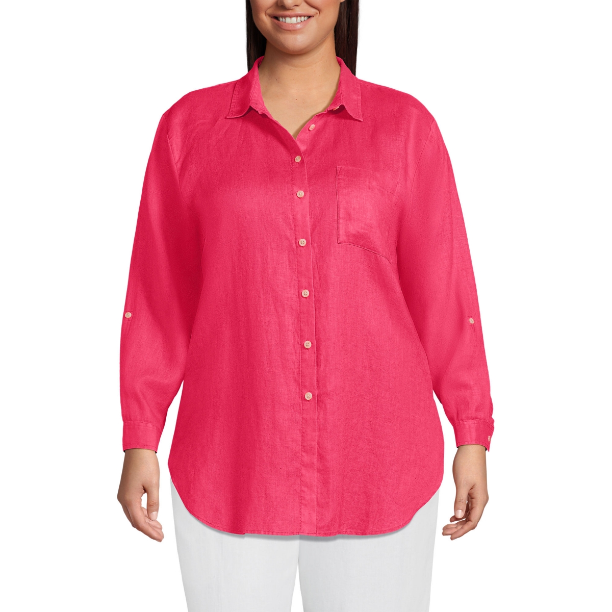 Lands' End Plus Size Linen Roll Sleeve Oversized Relaxed Tunic Top
