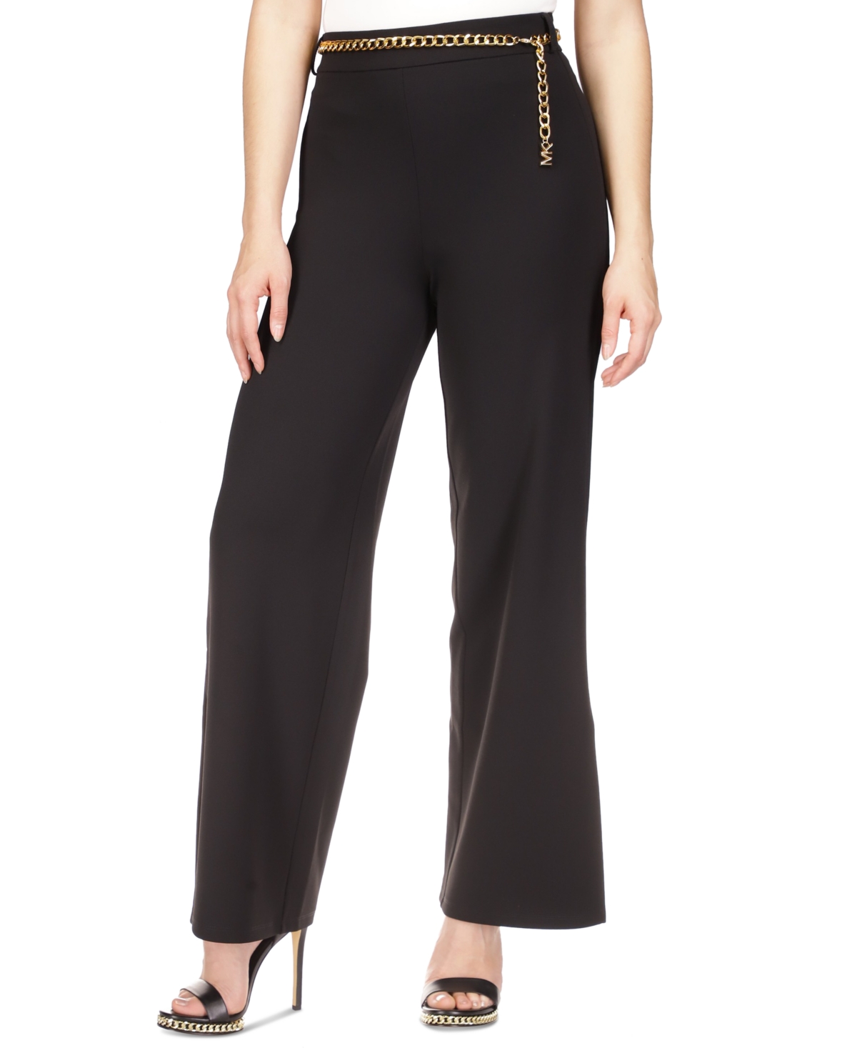 Shop Michael Kors Michael  Women's Chain-belt High-rise Wide-leg Pants In Black
