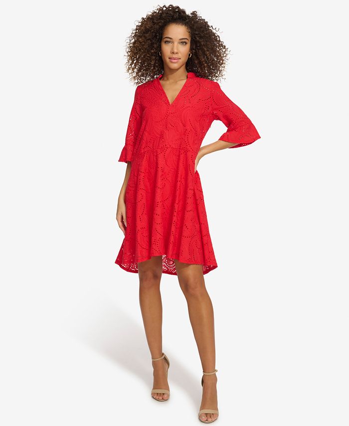 kensie Women's Cotton Eyelet Bell-Sleeve High-Low Dress - Macy's