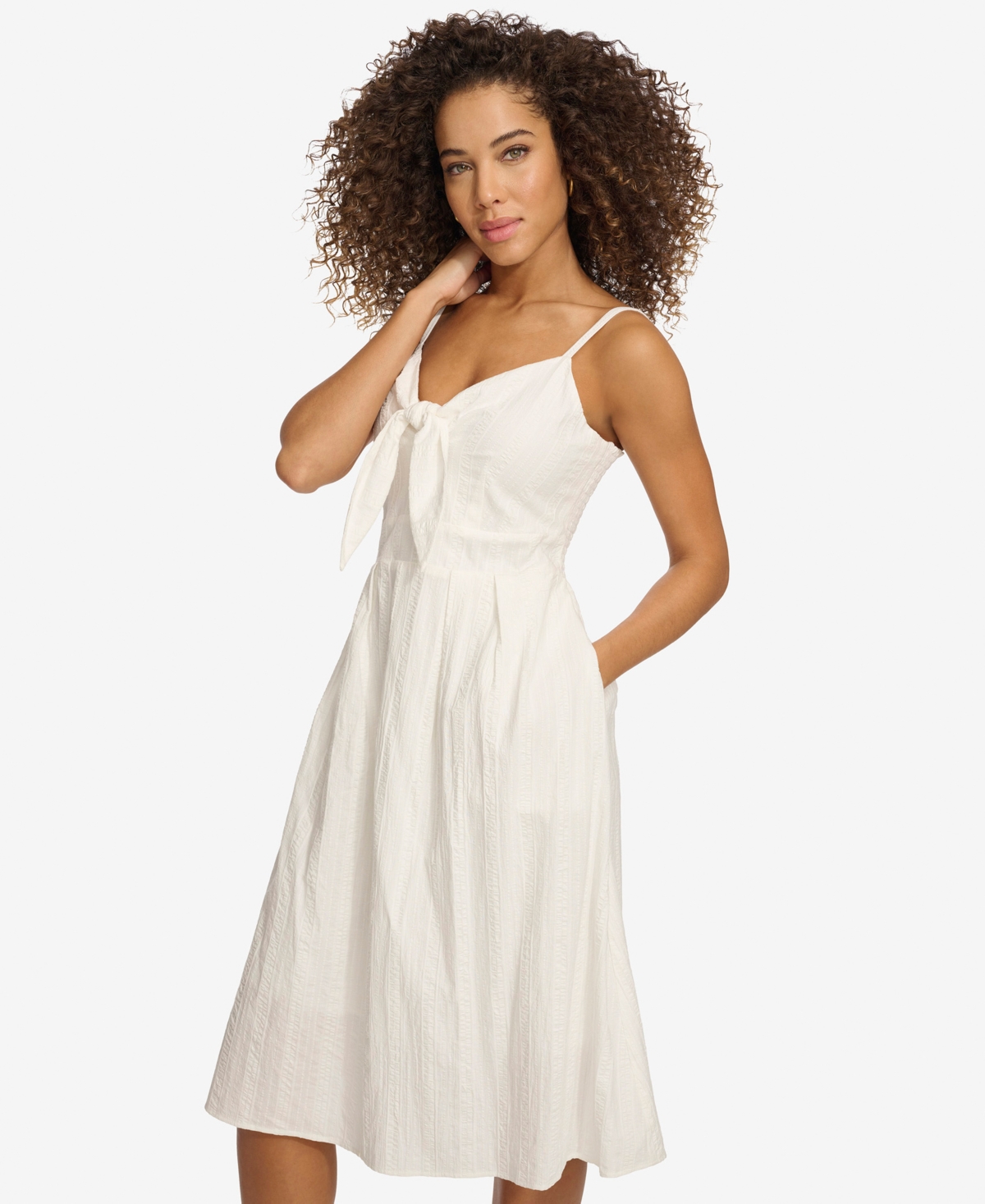 Shop Kensie Women's Textured Cotton Knot-front Sleeveless Dress In White