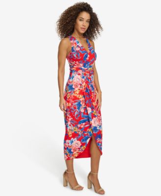Women's Floral Side-Ruched Sleeveless Midi Dress