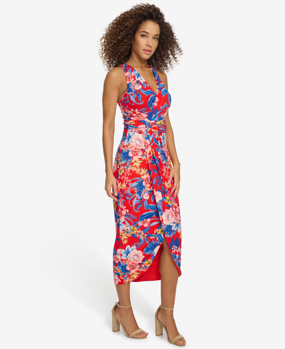Shop Siena Women's Floral Side-ruched Sleeveless Midi Dress In Red Multi