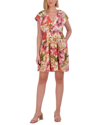 chinese dress ladies Vince Camuto Women's Floral Cap-Sleeve A-Line Dress, Coral (Size 14) at  Amazon Women's Clothing store