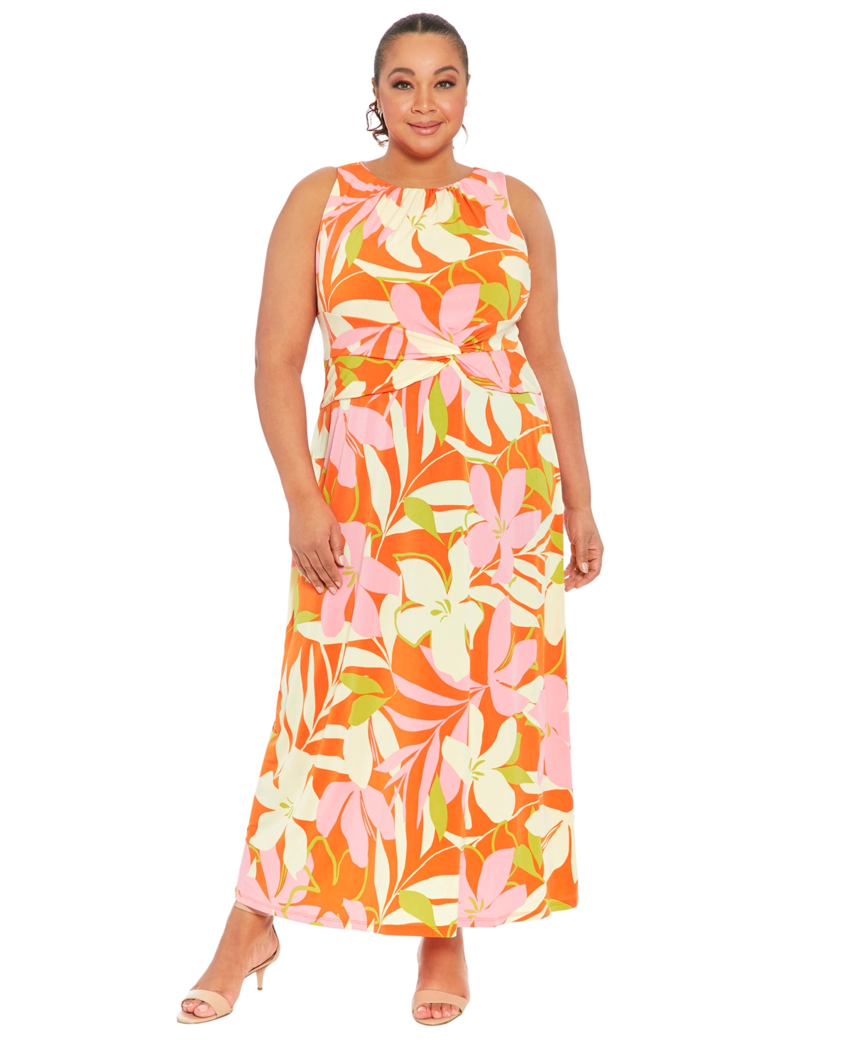 Plus Size Floral-Print Twisted-Waist Maxi Dress - Orange Pink