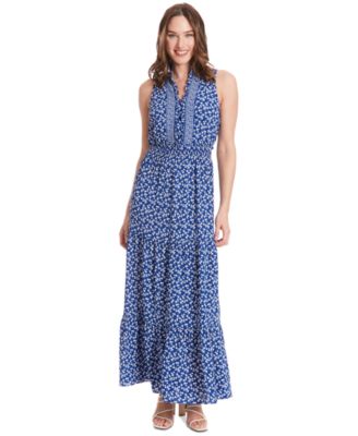 London Times - Petite Floral-Print Ruffle-Collar Maxi Dress