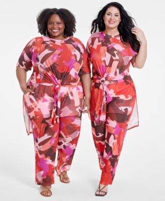 Trendy Plus Size Printed Knot Front Tunic Pants