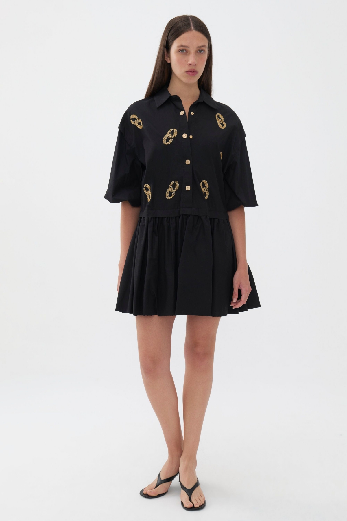 Women's Embroidered Balloon Sleeve Dress - Black