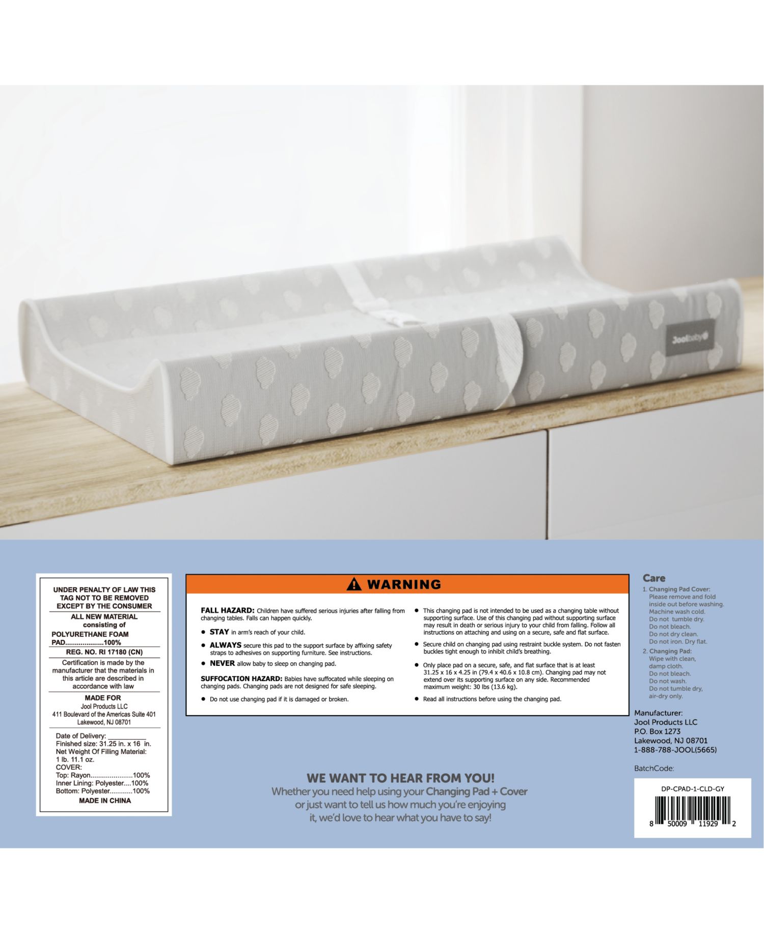 Soft Changing Pad + Washable Cover, Non-Slip - Fits Standard Changing Tables & Dressers (Gray)