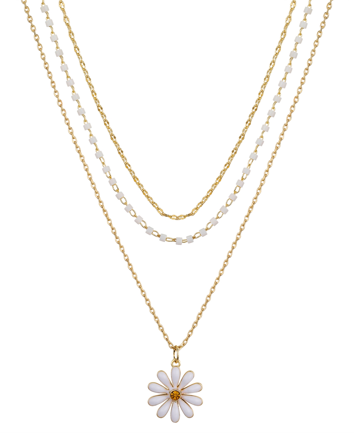 White Beaded and Enamel Flower Layered 3-Piece Necklace Set - Yellow