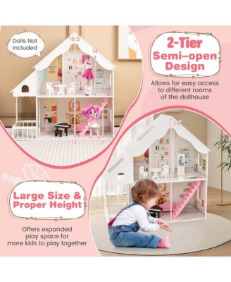 Kids Wooden Dollhouse Semi-Opened DIY Playset with Simulated Rooms & Furniture