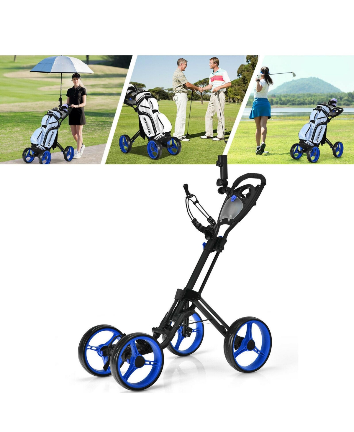 4 Wheel Golf Push Cart with Brake Scoreboard Adjustable Handle