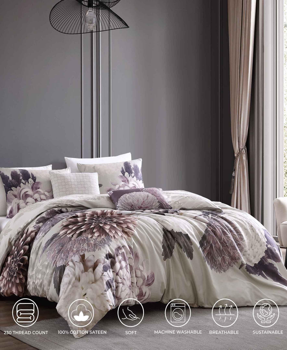 Bebejan BloomBedding 200 Thread Count 100% Cotton Sateen 5 Piece Reversible Comforter Set - Purple