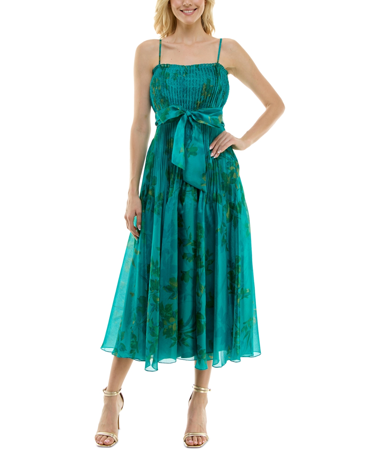 Women's Printed Pleated Gown - Ocean/Olive
