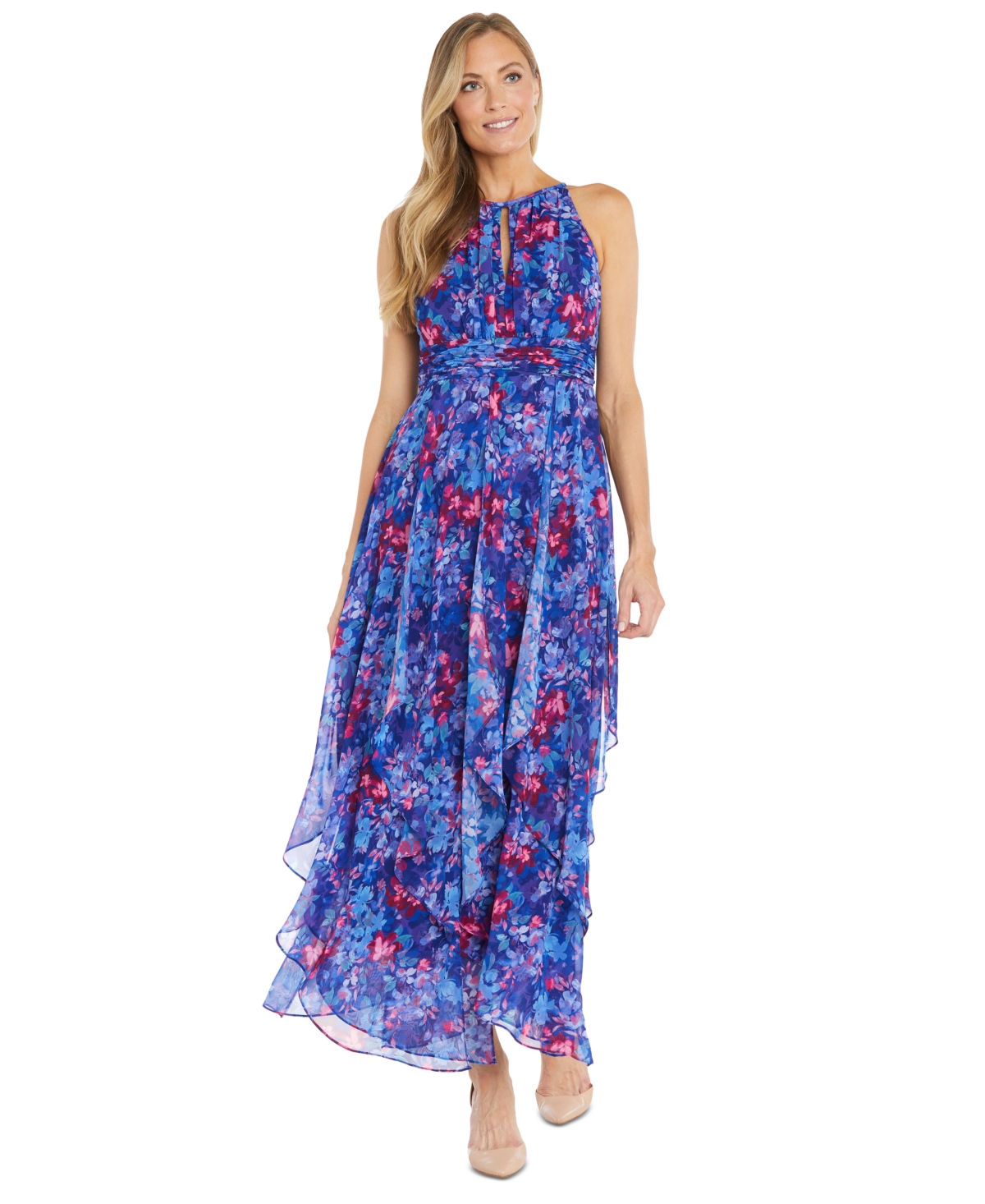 Shop R & M Richards Women's Floral-print Ruffled Maxi Dress In Royal