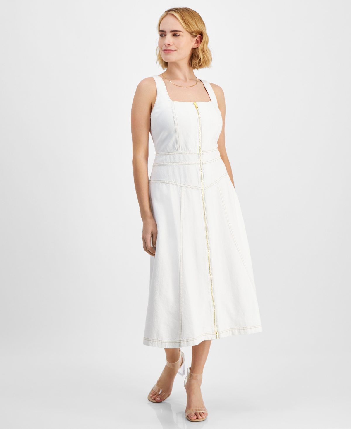 Petite Zippered-Front Denim Dress, Created for Macy's - Washed White