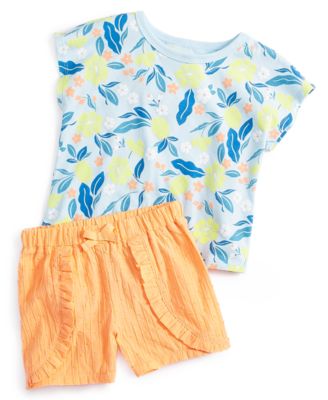 First Impressions Baby Girls Tropical Print T Shirt Ruffled Shorts Created For Macys In Pink Polish