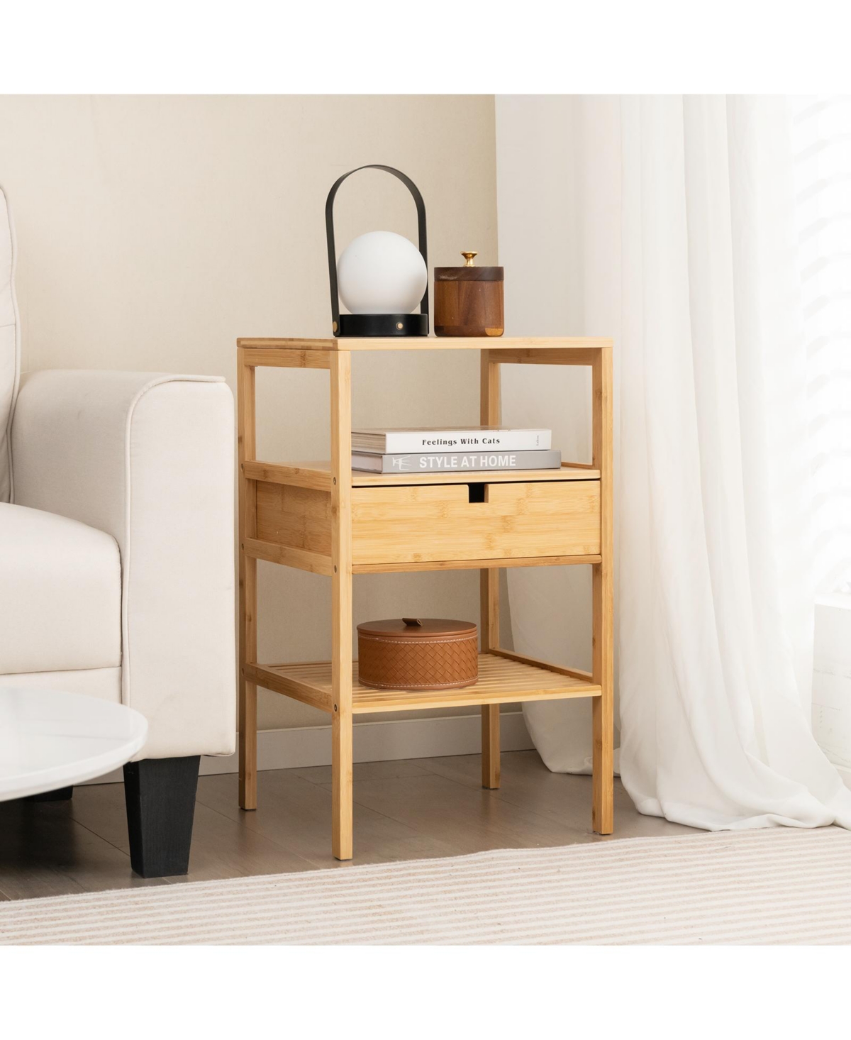 Slickblue Nightstand Set of 2 Wicker End Table with 2 Open Shelves and Drawer-Set of 2