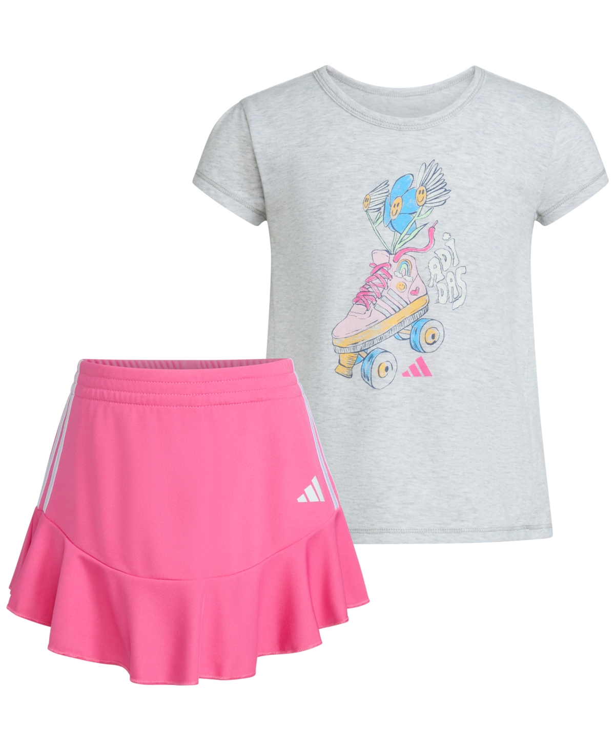 adidas Toddler & Little Girls 2-Pc. Heather Graphic T-Shirt and Skort Set - Light Grey And Pink