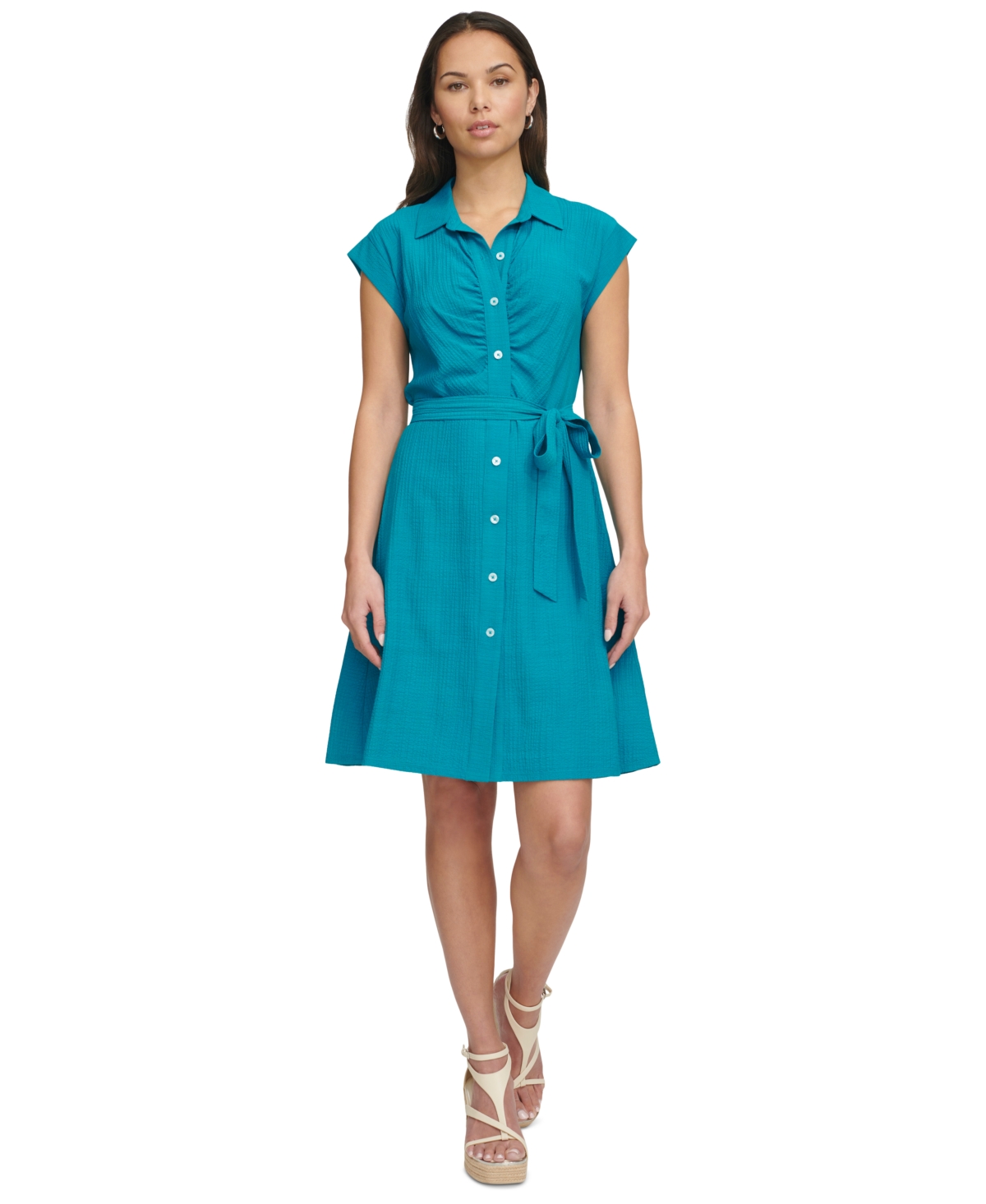 Shop Dkny Women's Ruched A-line Shirtdress In Gulf Blue