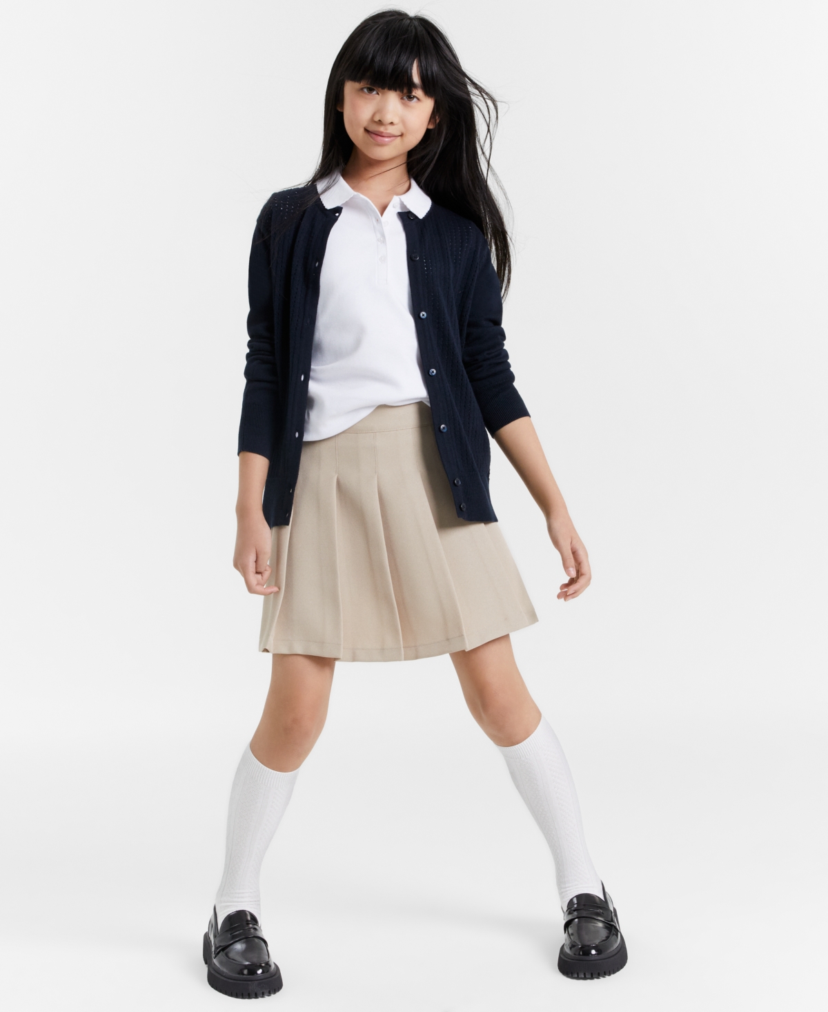 Nautica Big Girls Uniform Pointelle-Stitching Cardigan