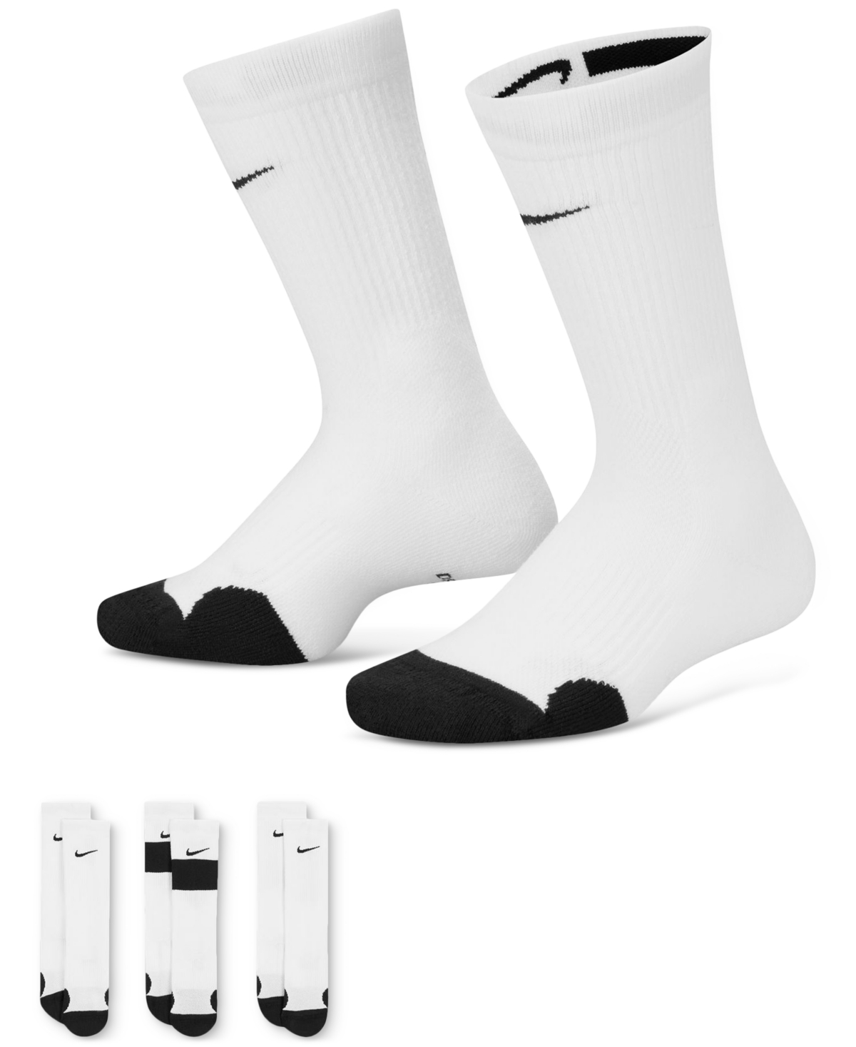 Nike Big Kids Elite Basketball Crew Socks, Pack Of 3 In White,black
