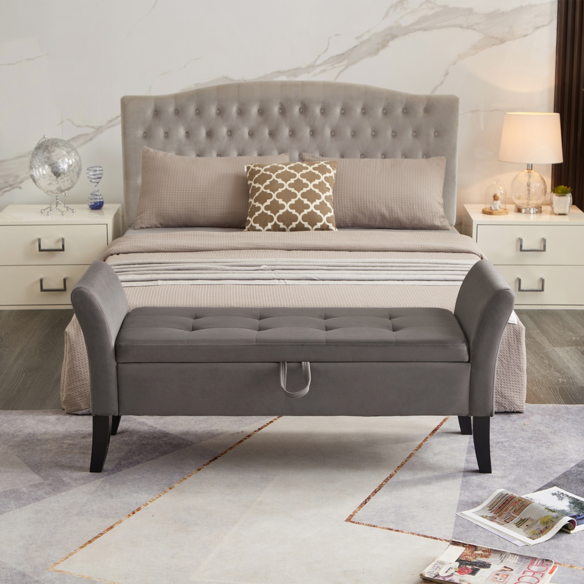 Streamdale Furniture 51.5" Bed Bench With Storage Grey Velvet