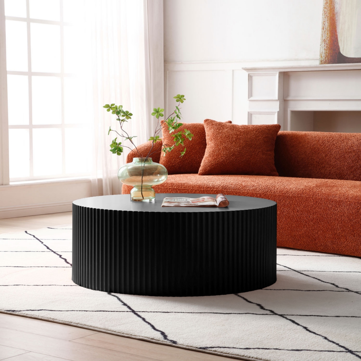 Streamdale Furniture Sleek And Modern Round Coffee Table With Eye-Catching Relief Design, Black
