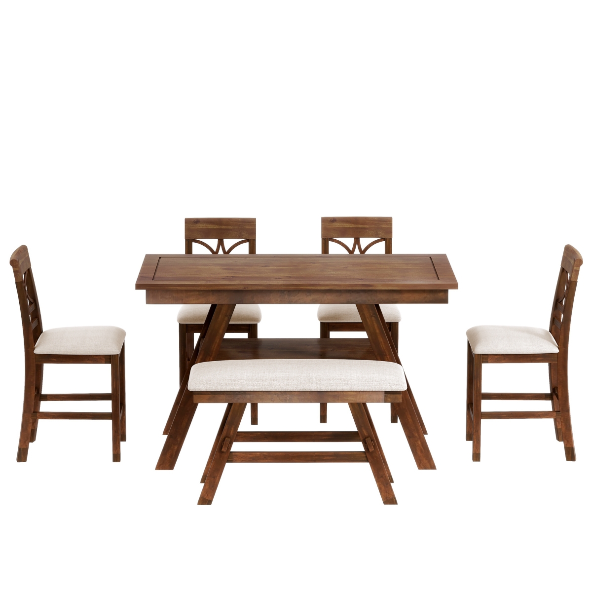 Simplie Fun 6-Piece Wood Counter Height Dining Table Set With Storage Shelf, Kitchen Table Set With Bench