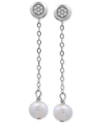Cultured Freshwater Pearl (7mm) & Cubic Zirconia Chain Drop Earrings in 18k Gold-Plated Sterling Silver