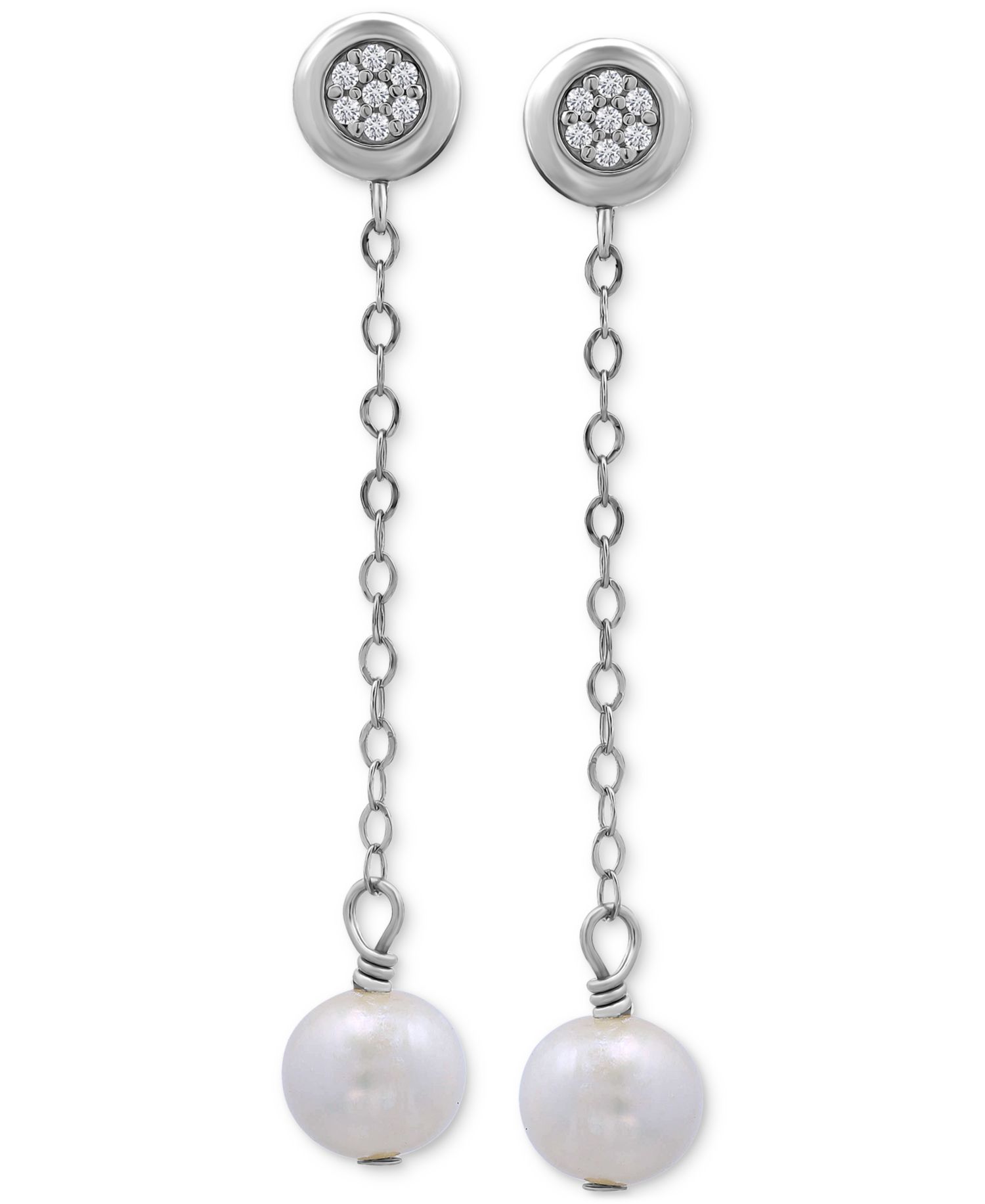 Cultured Freshwater Pearl (7mm) & Cubic Zirconia Chain Drop Earrings in 18k Gold-Plated Sterling Silver
