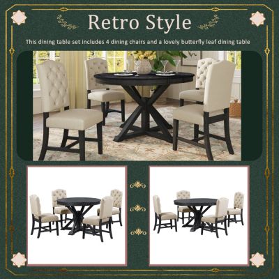 5 PC Oak natural wood Retro Extendable Table + 4 Chairs Dining Table Set