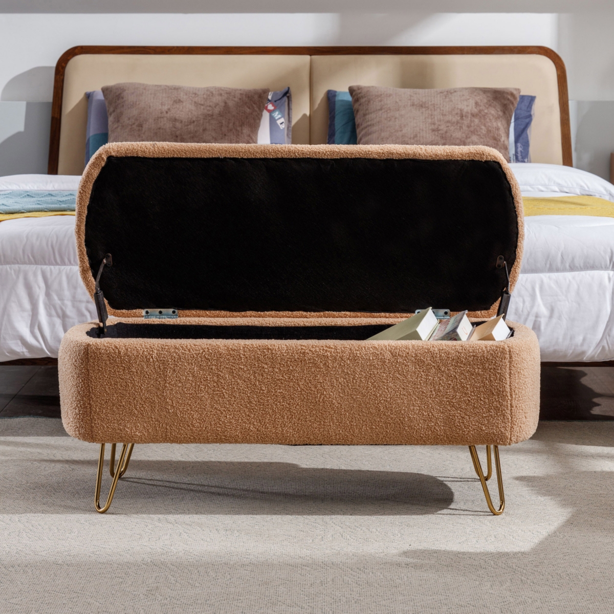 Streamdale Furniture Camel Storage Ottoman Bench For End Of Bed Gold Legs, Modern Camel Faux Fur Entryway Bench