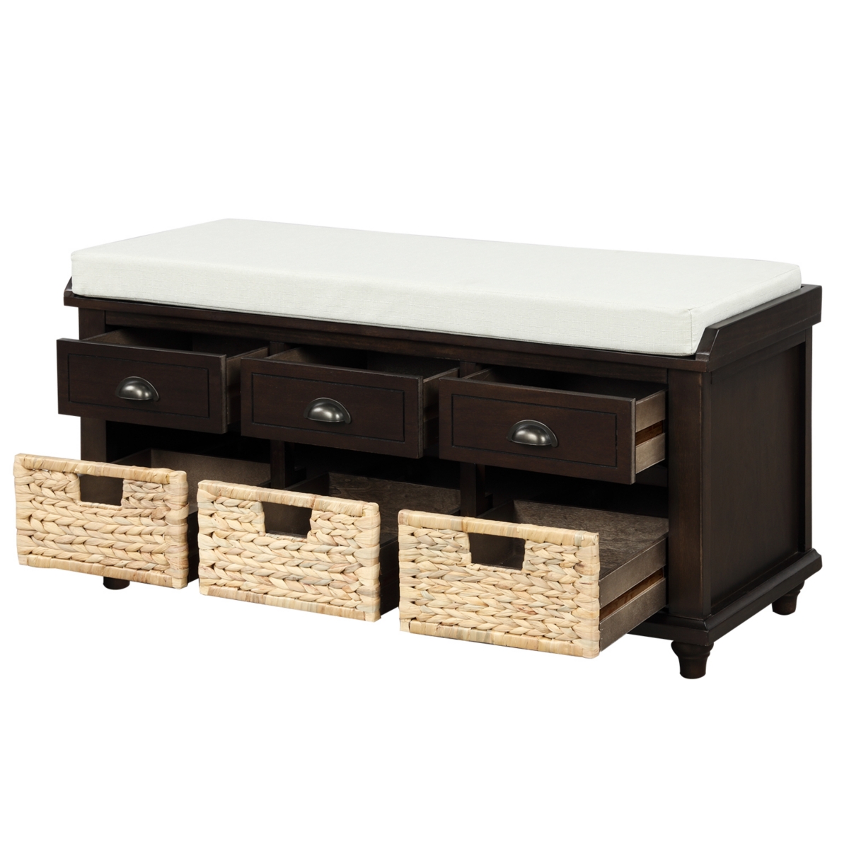 Streamdale Furniture Rustic Storage Bench With 3 Drawers And 3 Rattan Baskets, Shoe Bench For Living Room