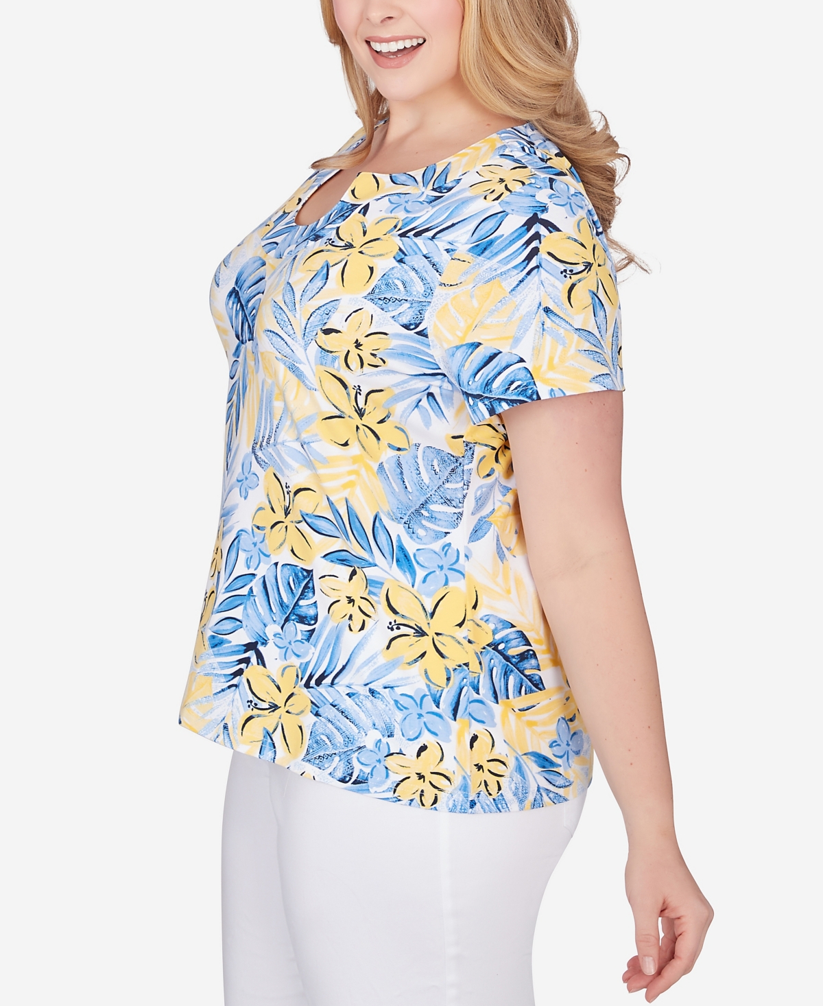 Shop Hearts Of Palm Plus Size Printed Essentials Short Sleeve Top In Yellow Multi