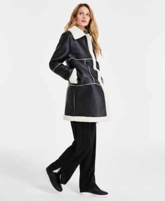 Juniors' Long Faux-Shearling-Trimmed Coat