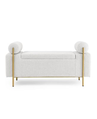White linen upholstered bench with iron legs