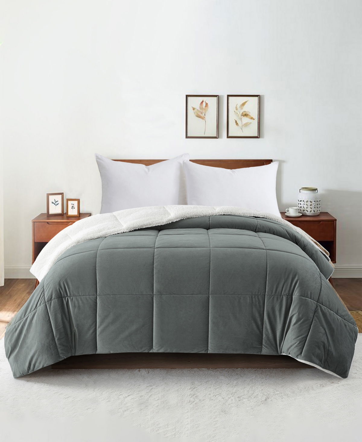 Shop Unikome Sherpa Reversible Comforter, King In Dark Gray