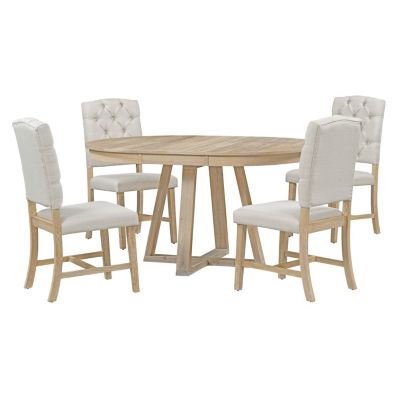 5 Pc. Solid Wood Upholstered Retro Round Table Dining Room Set