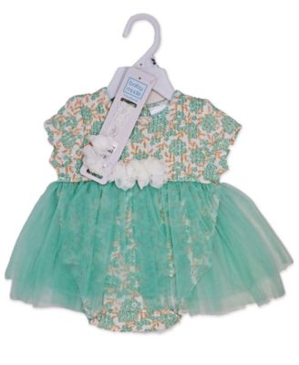 Baby Girls 2 Piece Aqua Floral Romper with Tulle Over Skirt and Matching Headband