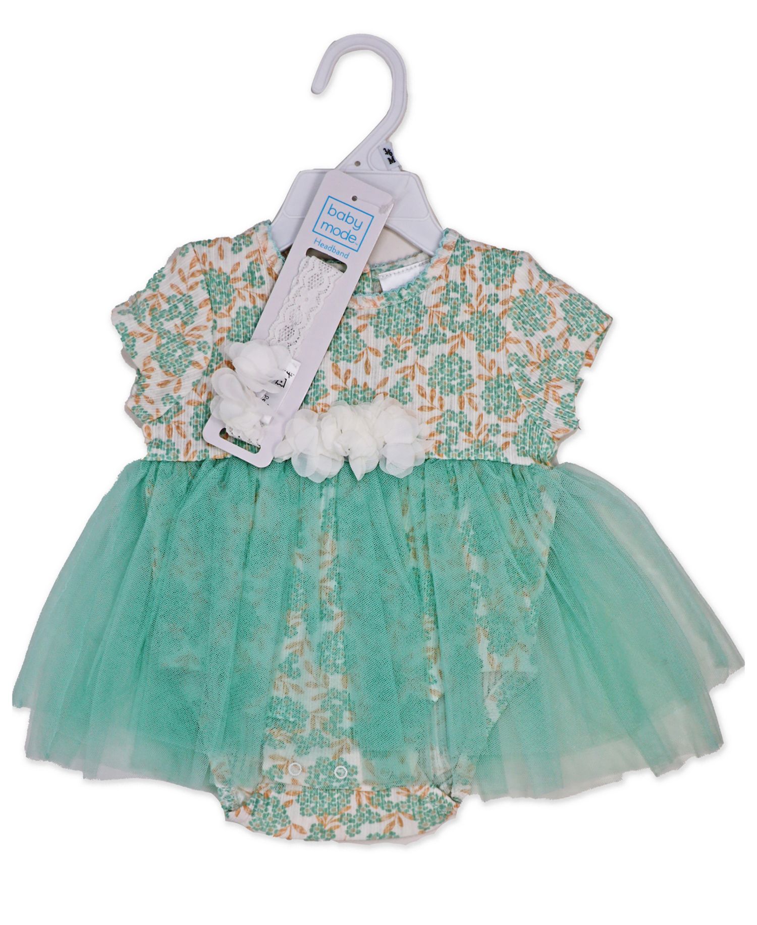 Baby Girls 2 Piece Aqua Floral Romper with Tulle Over Skirt and Matching Headband