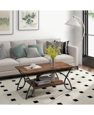 2-Tier Faux Marble Coffee Table with Marble Top and Metal Frame