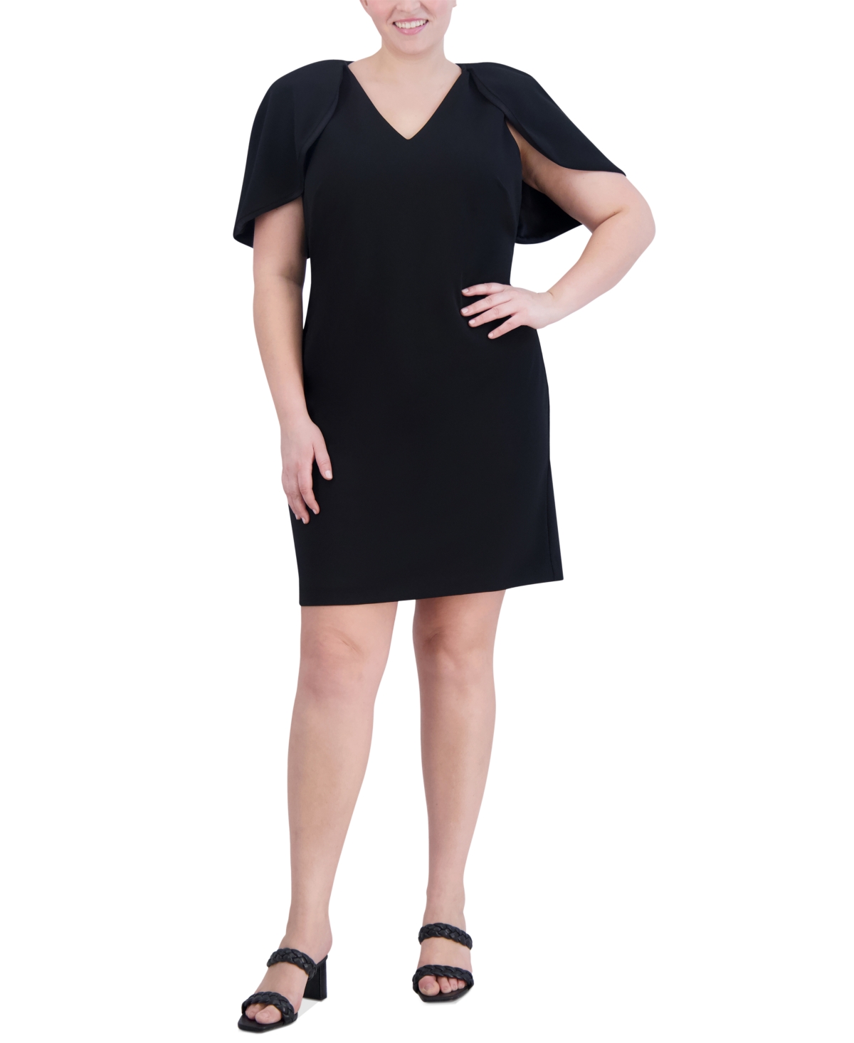 Plus Size V-Neck Cape-Sleeve Sheath Dress - Black