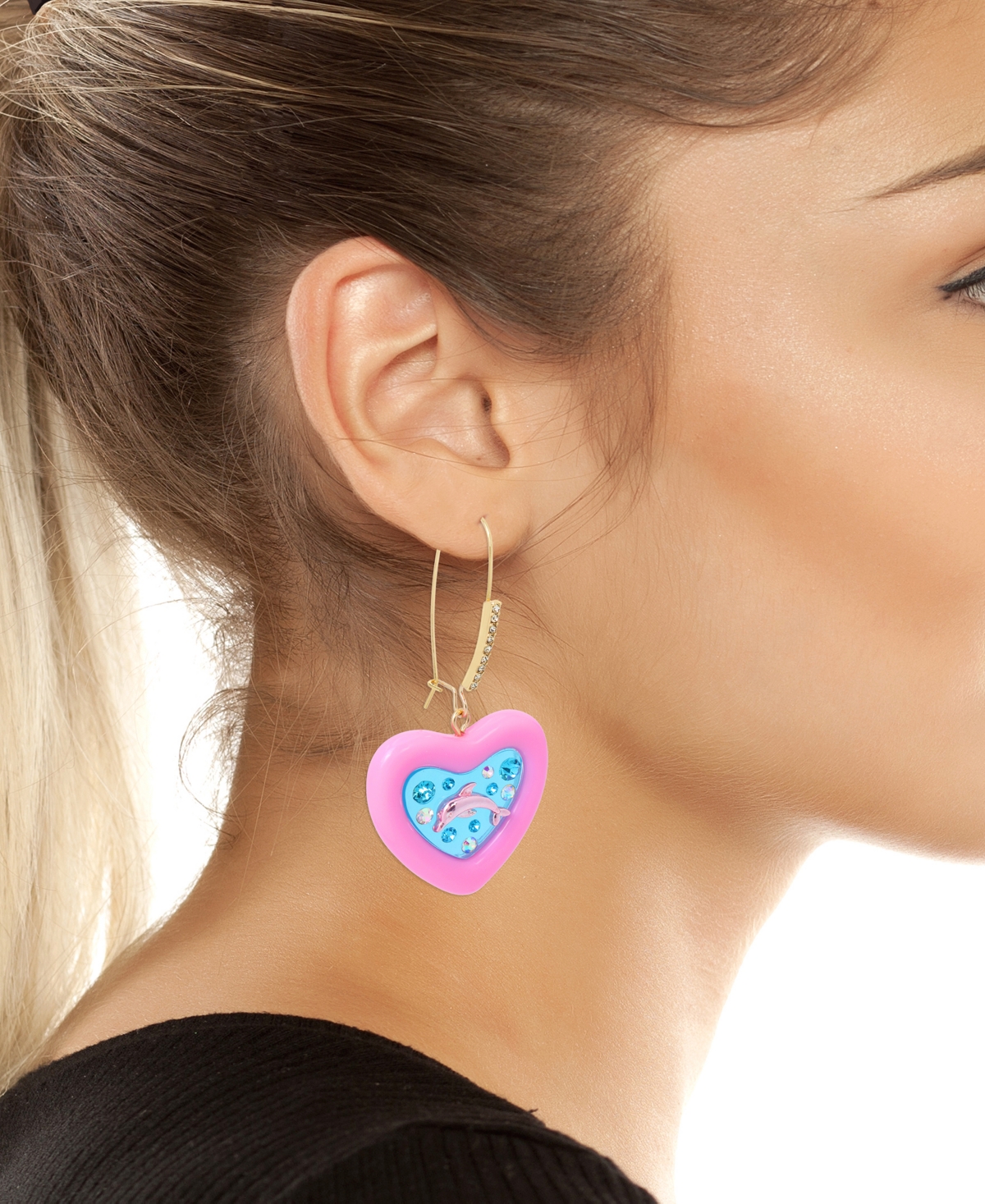 Shop Betsey Johnson Faux Stone Dolphin Heart Dangle Earrings In Pink