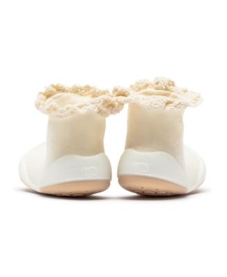 Infant Girl Breathable Washable Non-Slip Sock Shoes Lace trim - Off White