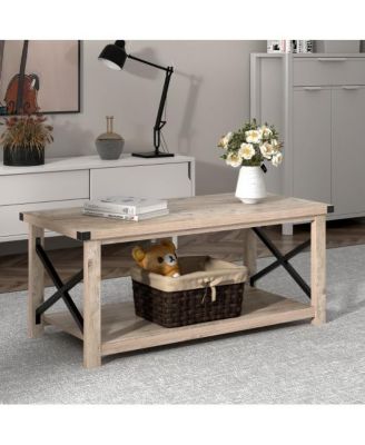 Rustic Accent Coffee Table Metal X Shaped Side Cocktail Table with Storage Shelf